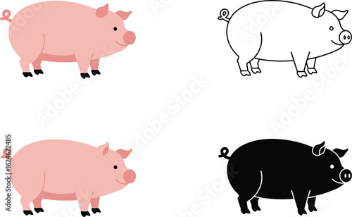 Four cute cartoon pig illustrations showing a pink pig outline and silhouette on a white background