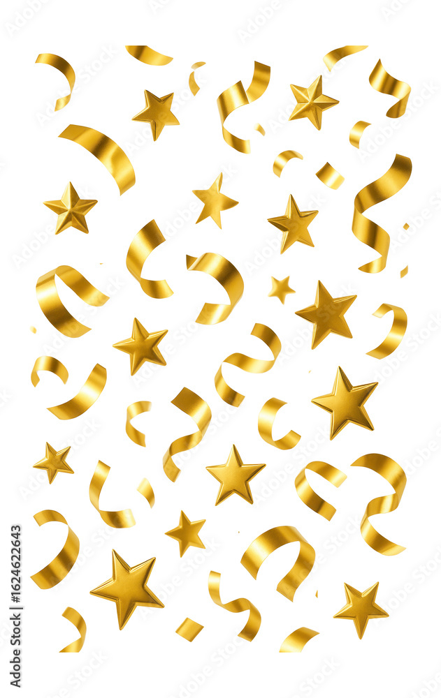 A festive display of golden stars and curling ribbons scattered against a white background, suitable for celebrations and holiday themes. A festive display of golden stars and curling ribbons scattered against a white background, suitable for celebrations and holiday themes.