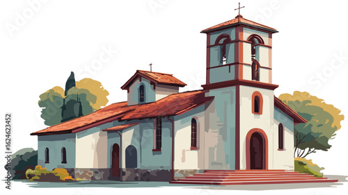 Detailed Vector Drawing of Church in Flat Style on White Background