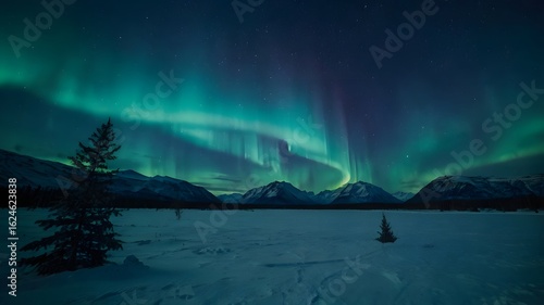 Wallpaper Mural Night Sky Aurora Borealis Over Snowy Mountain Landscape with Pine Trees Torontodigital.ca