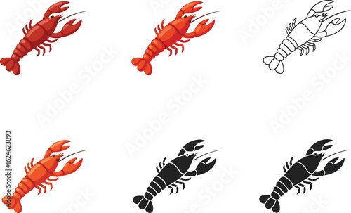 Collection of six stylized illustrations of lobsters in various colors and styles including realistic and silhouette outlines