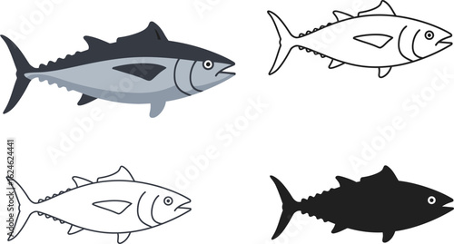 Collection of tuna fish illustrations featuring realistic colored drawing outline sketch and silhouette