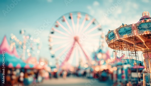 Blurred fairground scene with Ferris wheel and carousel