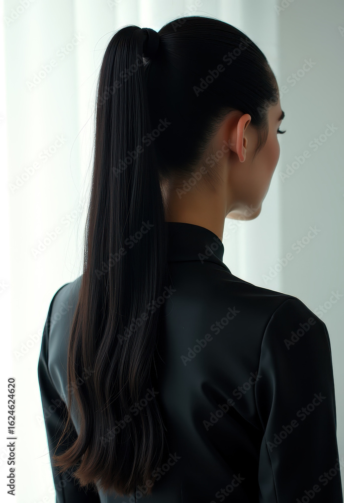 Fototapeta premium Elegant long ponytail hairstyle on woman in black jacket for fashion and style inspiration