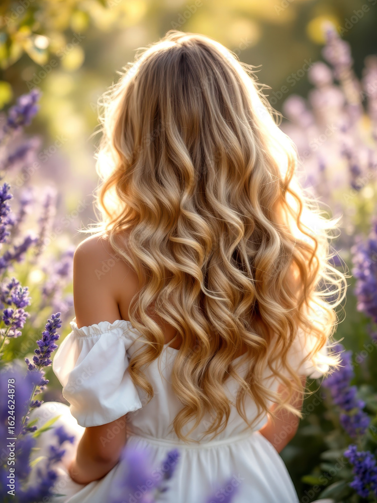 Naklejka premium Elegant wavy hairstyle in floral summer setting for inspiration and fashion trends