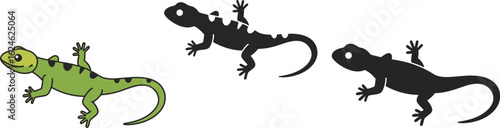 Three stylized lizards one green and two black silhouettes positioned on a white background