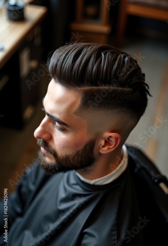 Stylish men's haircut with side part in modern barber shop setting