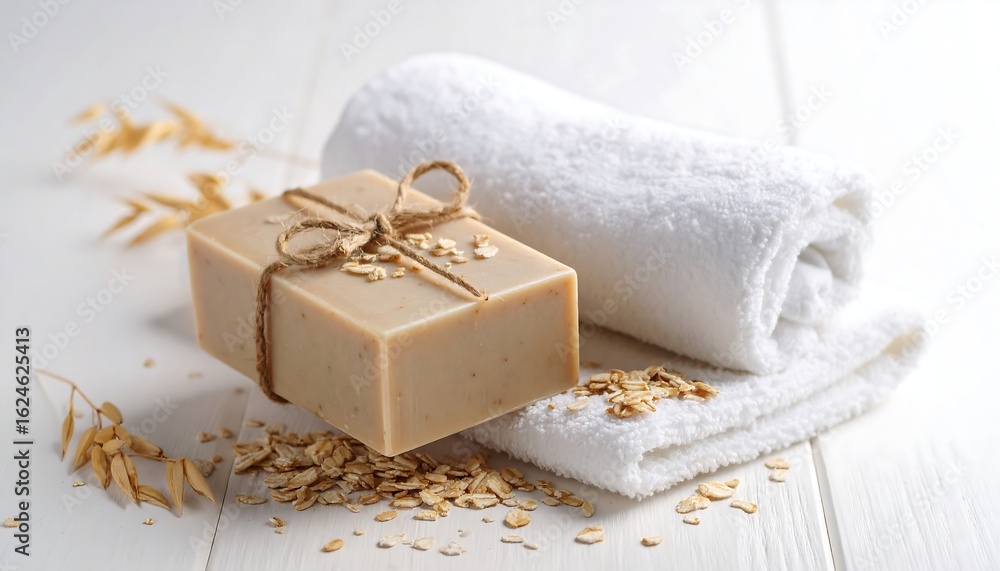 Oatmeal Soap Bar with Towel and Oats, Spa Relaxation and Skincare Concept Oatmeal Soap Bar with Towel and Oats, Spa Relaxation and Skincare Concept