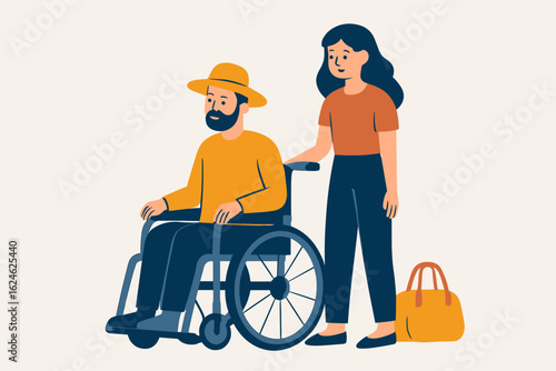 Flat color vector illustration of a faceless African American couple, featuring a disabled man in a wheelchair and a woman with a surprise gift, isolated cartoon characters for web graphic design and