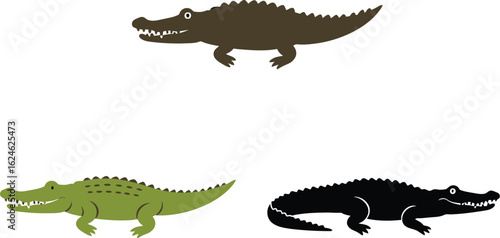 Three stylized cartoon alligators in different colors and poses against a white background