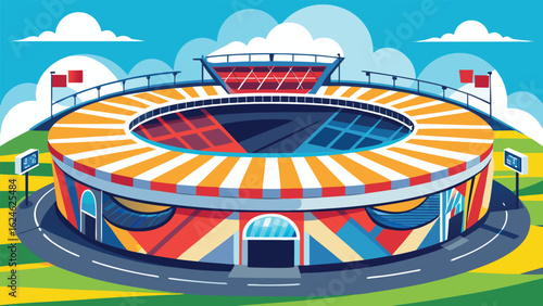 An illustrative vector design of a brightly colored carousel in the park, with a vibrant pattern reminiscent of a spinning roulette wheel, capturing the speed and lights of a fun game