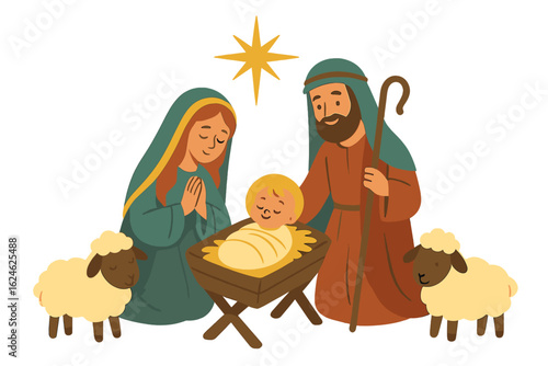 Christmas time, a nativity scene featuring Mary, Joseph, and baby Jesus, with the text: Merry Christmas