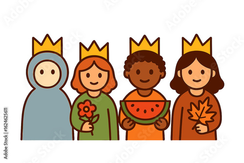 The three kings of orient, Melchior, Gaspard and Balthazar, are depicted on a yellow background with Christmas vectors and the phrase Happy Epiphany written in Spanish