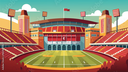 Vector cartoon illustration of a lively soccer stadium in a modern city with a train and bridge in the background