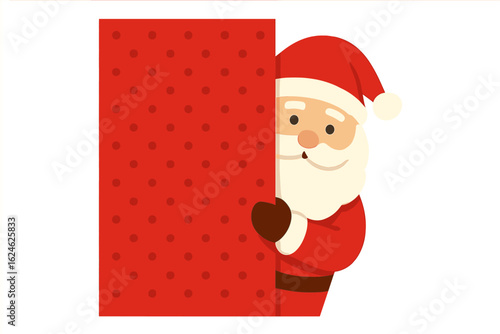 Holiday greeting card template featuring Santa Claus in a red hat peeking from behind a wall, set against a dark red background with snow and including copy space