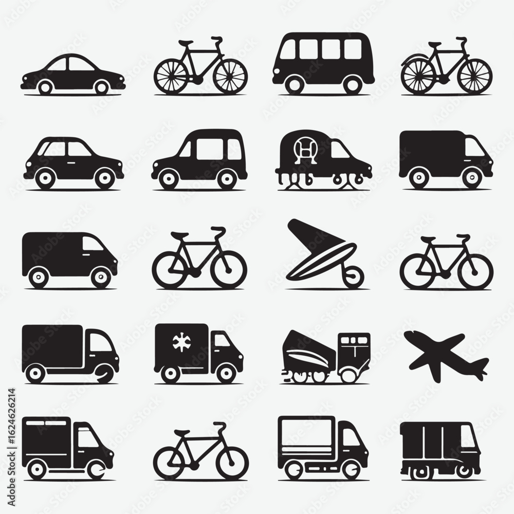 Naklejka premium Black and White Transportation Icon Set Featuring Cars, Bicycles, Vans, Trucks, and Aircraft, transportation icons, vehicle silhouettes, black and white transport set, car icon vector.