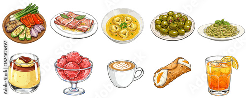 Hand-drawn Italian food set with Roasted Vegetables, Saltimbocca, Tortellini and desserts, colored marker and pencil sketch, high-contrast flat composition, isolated on transparent background