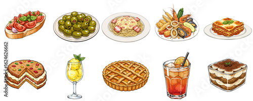 Italian cuisine set in sketch style with colored marker and pencil illustration, rough outlines and high-contrast flat composition on transparent background
