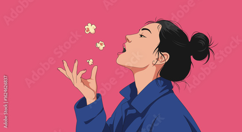 Girl tossing popcorn into mouth with playful joyful mood, vector flat illustration, minimalist style with bold color blocks and smooth shading, solid color background