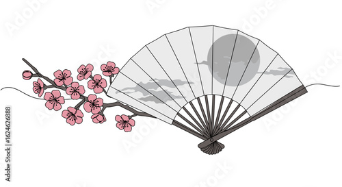 Blooming sakura branch flowing into folding fan and full moon in monoline vector illustration, continuous line with calm serene Japanese aesthetic