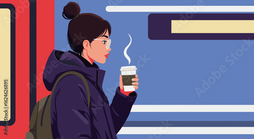 Woman sipping coffee at train station with relaxed mood, vector flat illustration, 3/4 view, minimalist style with bold color blocks and smooth shading, solid color background