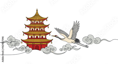 Chinese pagoda roof flowing into swirling clouds and flying crane in monoline vector illustration, continuous line with serene traditional Asian theme