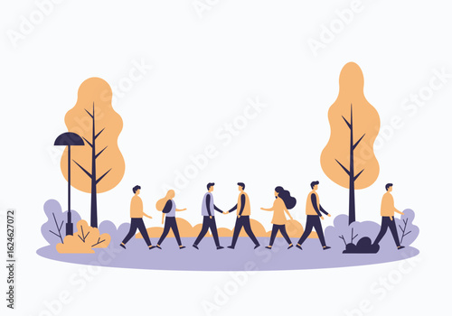 Diverse group of people walking and interacting in a city park with modern buildings in the background
