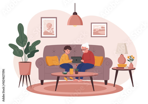 Grandmother and grandson enjoying quality time together playing board games on the couch in a cozy living room
