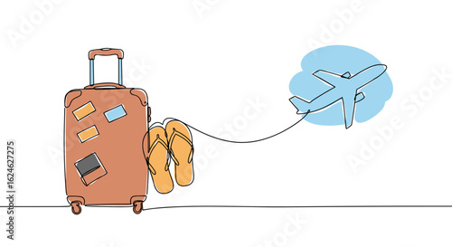 Suitcase flowing into flip-flops and airplane in continuous line art with navy blue accent, travel and vacation concept