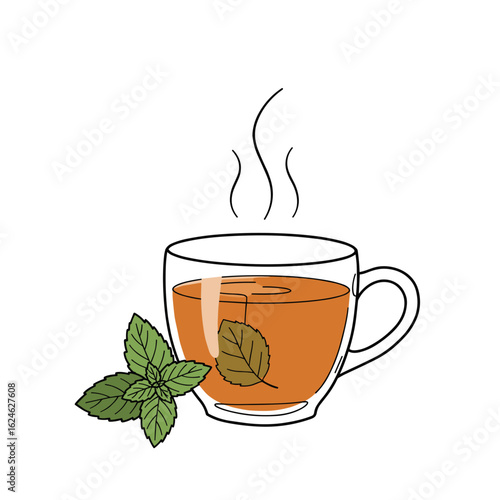 Minimalist steaming cup of herbal tea with mint leaf, black and white line drawing vector illustration on white background with gentle green and light amber accents