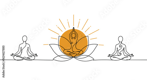 Yoga pose flowing into lotus flower with rising sun, monoline vector illustration with warm amber accents, balance and awakening concept