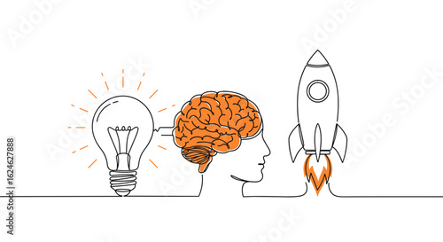 Glowing lightbulb transforming into human brain and launching rocket in monoline vector illustration, continuous line symbolizing creativity, innovation, and ambition