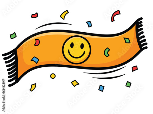 Vibrant celebratory banner with smiley face and colorful confetti