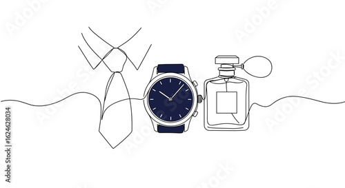 Necktie flowing into wristwatch and transforming into perfume bottle with sophisticated elegant mood, monoline vector illustration with deep navy blue accent and sleek stylish composition