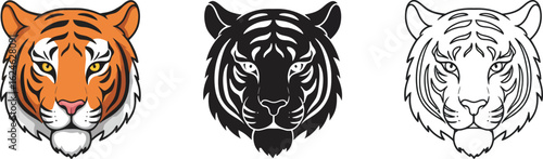 Three distinct tiger head illustrations showcasing a colorful a silhouette and a line art design