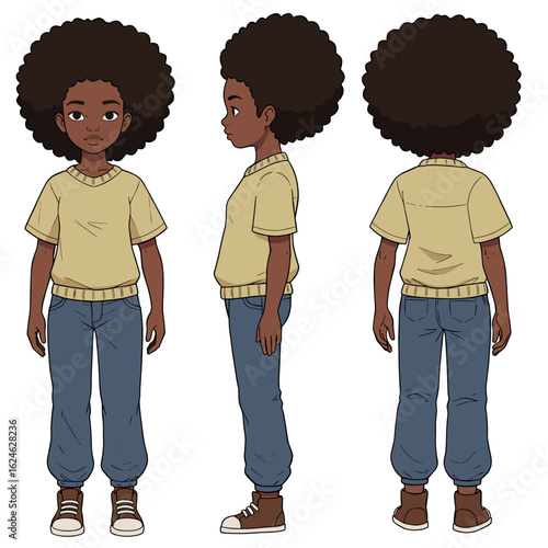 Black girl character design sheet in neutral pose with front, side, and back views, flat cell colors or greyscale sketch, clean lines, isolated on white background