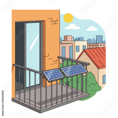 Small apartment balcony with compact solar panels mounted on railing, flat vector illustration with sunny urban backdrop, isolated on white background