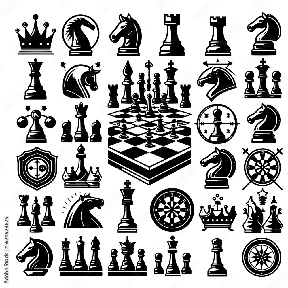 Fototapeta premium Collection of various chess pieces and game related icons in black and white vector illustration set
