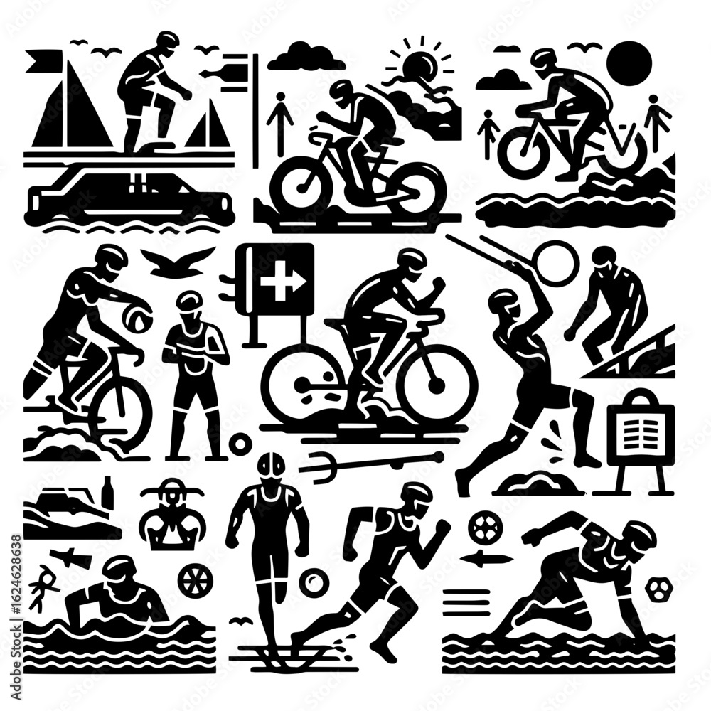 Obraz premium Monochrome illustration featuring various triathlon sports and activities in a square format design