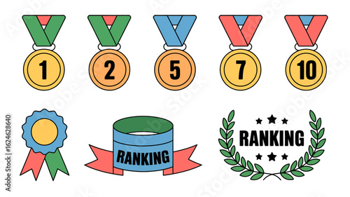 Celebrate top achievements with a ranking badge and medal set, perfect for recognizing success and rewarding excellence in any competition or contest