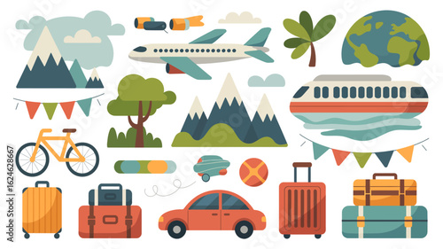 Plan your next adventure with these fun travel icons featuring bikes, planes, trains, cars, mountains, and luggage for a perfect getaway