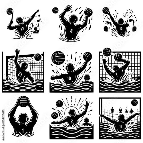 Illustrations of water polo players in action with ball and goal in black and white style graphics design