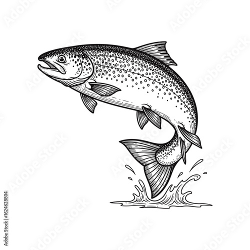 Vintage Woodcut-Style Salmon Mid-Leap – Hand-Drawn Black and White Aquatic Illustration with Stylized Water Splash on Clean White Background