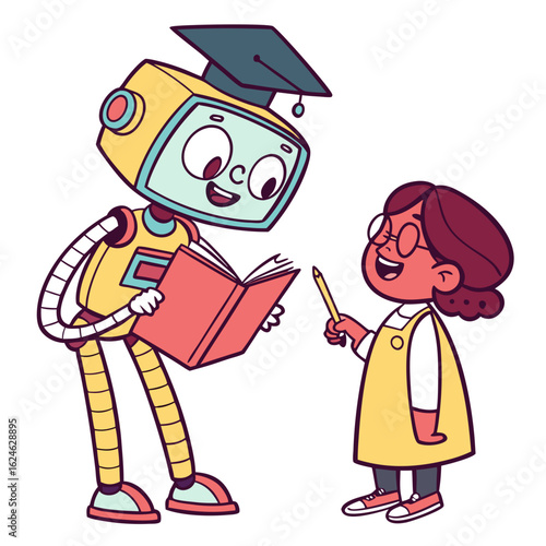 Friendly robot teacher reading a book with a happy student isolated on transparent background