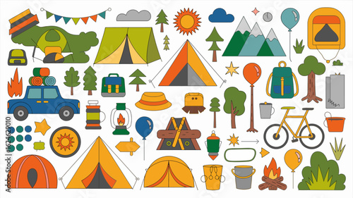 Plan your outdoor adventure with this charming camping gear collection showcasing tents, backpacks, and more fun accessories for the perfect getaway