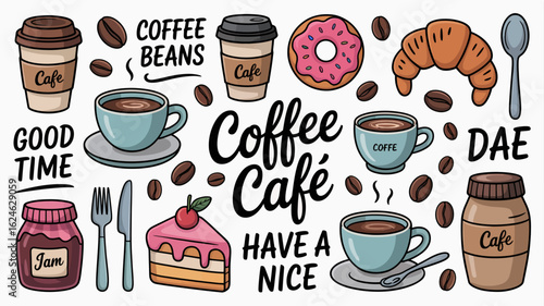 Delightful coffee cafe treats including coffee, donut, croissant, cake, jam, and beans for a delicious morning or afternoon snack time