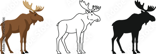 Three distinct representations of a majestic moose including a realistic illustration a detailed line drawing and a bold silhouette