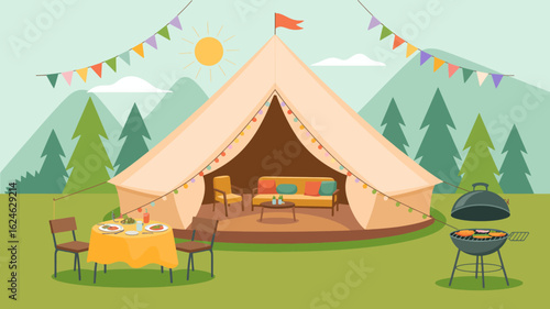 Delightful glamping getaway with outdoor dining, barbecue grill, and cozy tent illuminated with fairy lights under a bright sun enjoying nature