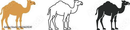 Three distinct camel illustrations showing color outline and silhouette styles on a white background