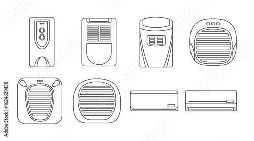 Set of Air Conditioner Outline Set Collection, Set of Cooling Fan Line Art, Includes wall-mounted AC units, portable air coolers, and modern air conditioning designs. smart home app.